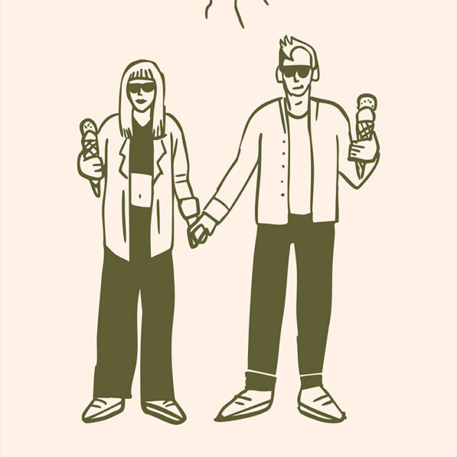 Illustration of the founders of Pink Pistachio Brunch holding signature drinks
