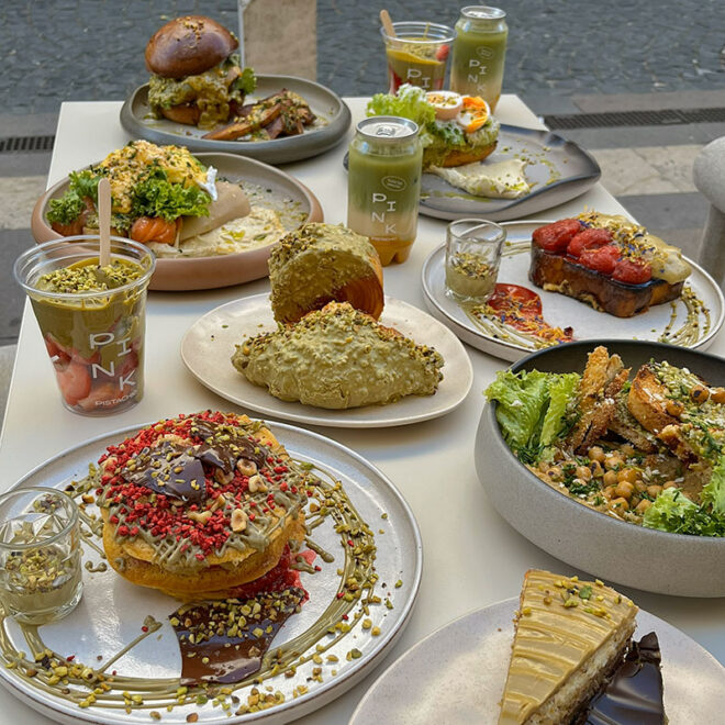 Full brunch spread at Pink Pistachio Brunch Budapest with pistachio flavors