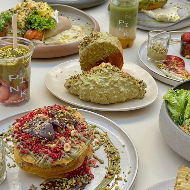 Brunch Budapest selection at Pink Pistachio Brunch featuring pistachio dishes, desserts and to-go drinks