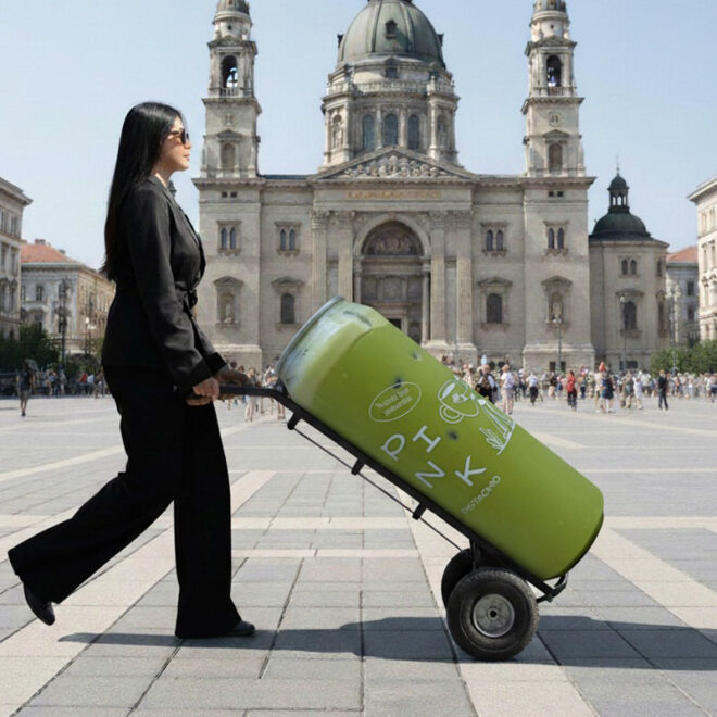 Jeges matcha elviteles ital a Pink Pistachio Brunchtól a Szent István Bazilika előtt, Budapesten