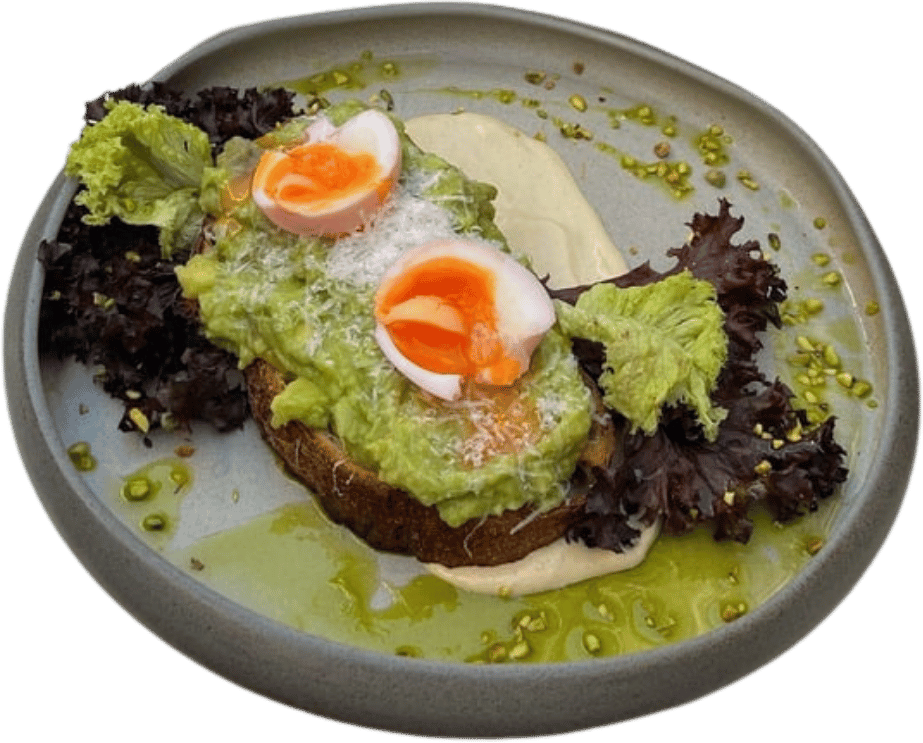 Avocado-Pistachio toast Salty Pistachio cream, parmesan, salad, Pistachio crumble, marinated egg in strawberry