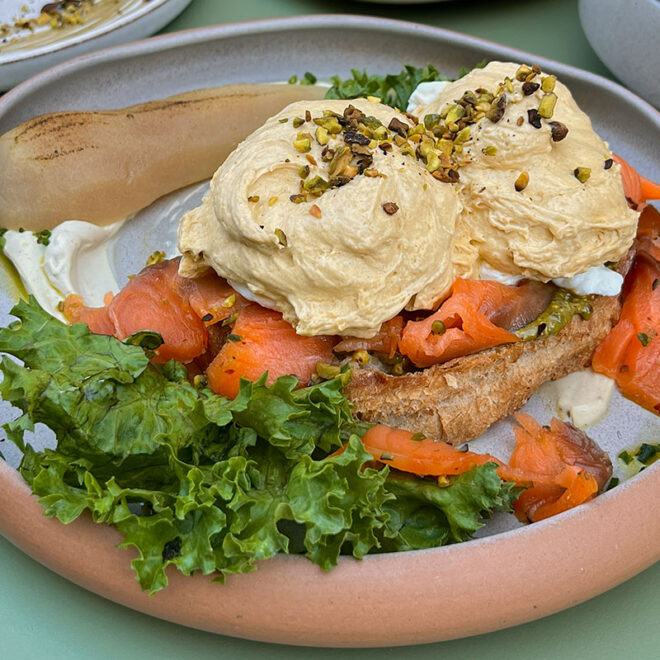 Brunch Budapest pistachio Eggs Royal at Pink Pistachio Brunch with pistachio-marinated salmon
