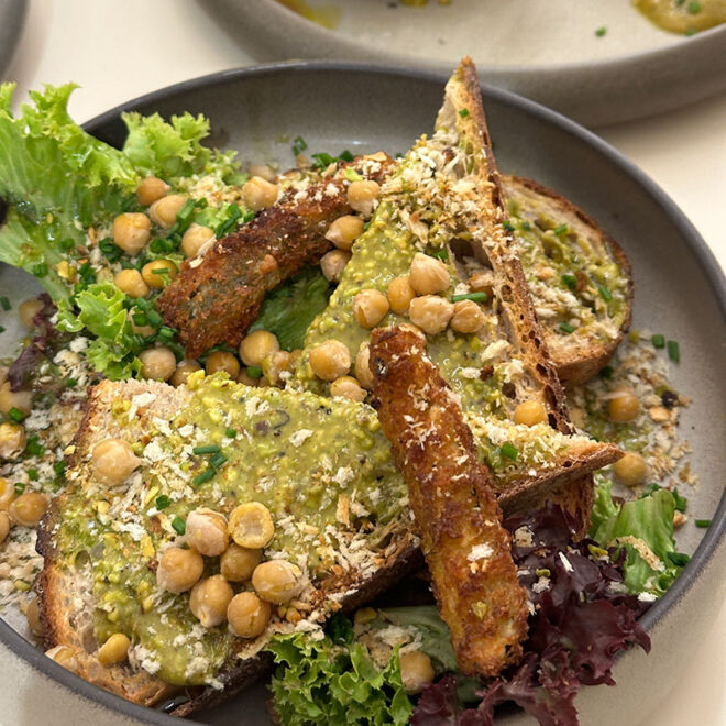 Brunch Budapest pistachio hummus at Pink Pistachio Brunch served with sourdough bread