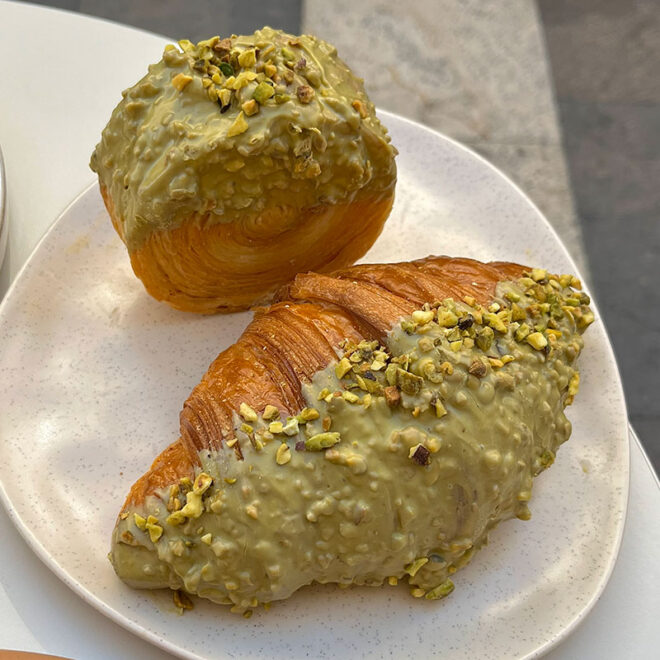 Pistachio croissant and pistachio New York roll at Pink Pistachio Brunch filled generously inside and out