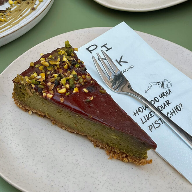 Pistachio cake slice in Budapest at Pink Pistachio Brunch