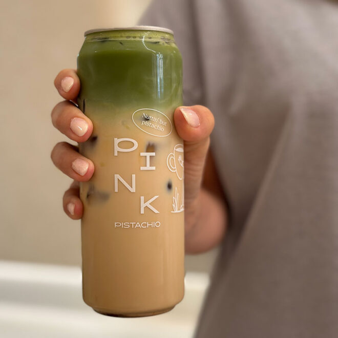 Signature iced drink in a can in Budapest from Pink Pistachio Brunch