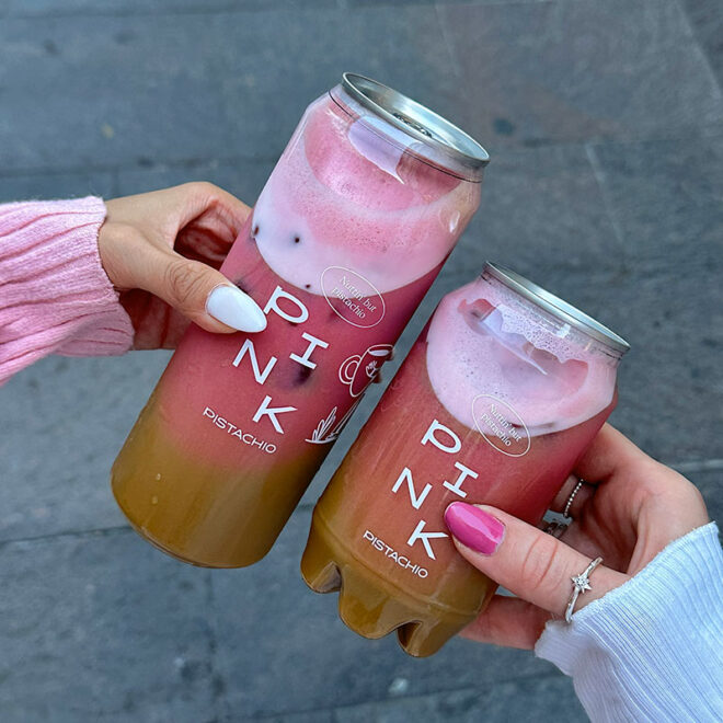 Iced matcha drink in a can in Budapest from Pink Pistachio Brunch