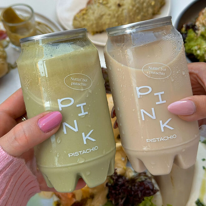 Iced matcha drinks in a can in Budapest from Pink Pistachio Brunch