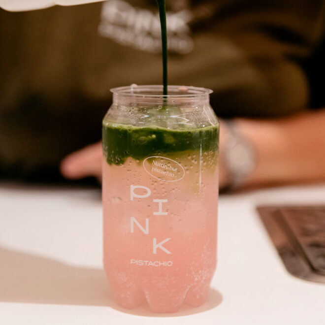 Iced Pink Grapefruit Matcha served in a can in Budapest at Pink Pistachio Brunch