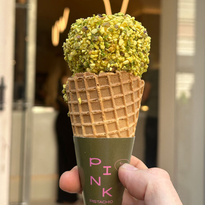 Pistachio ice cream in Budapest at Pink Pistachio Brunch coated generously with crushed pistachio