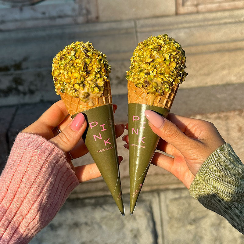 Pistachio Ice Cream Cones – Pink Pistachio Brunch Pistachio ice cream cones at Pink Pistachio Brunch coated generously with crushed pistachio