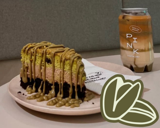 Pistachio cake at Pink Pistachio Brunch drizzled generously with liquid pistachio sauce