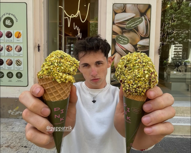 Pistachio ice cream in Budapest at Pink Pistachio Brunch served in cones coated with crushed pistachio