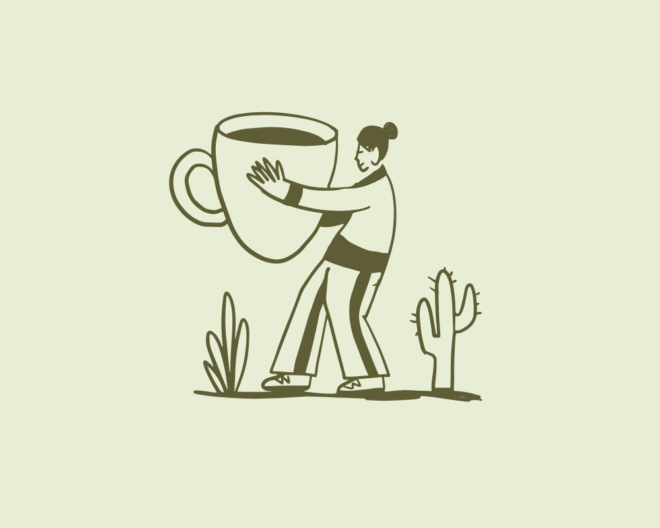 Person hugging a coffee cup illustration