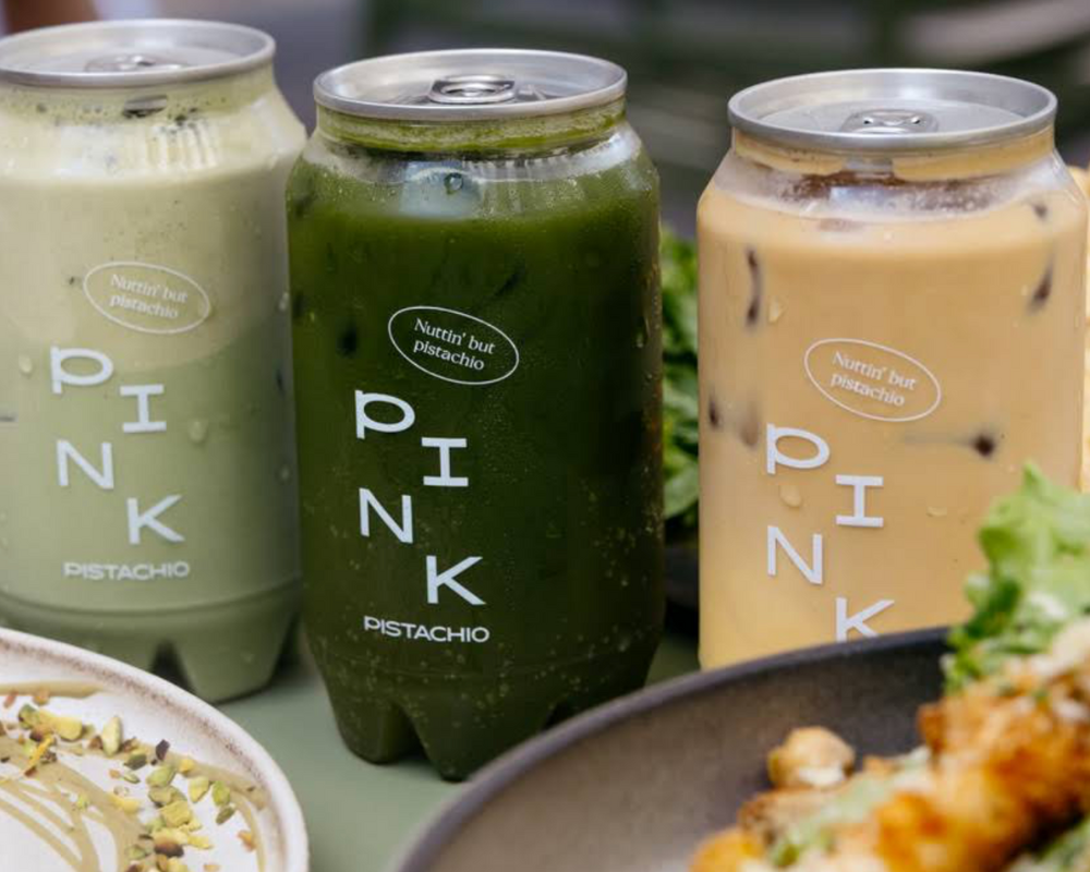 Ice cold matcha mix served in a can in Budapest at Pink Pistachio Brunch